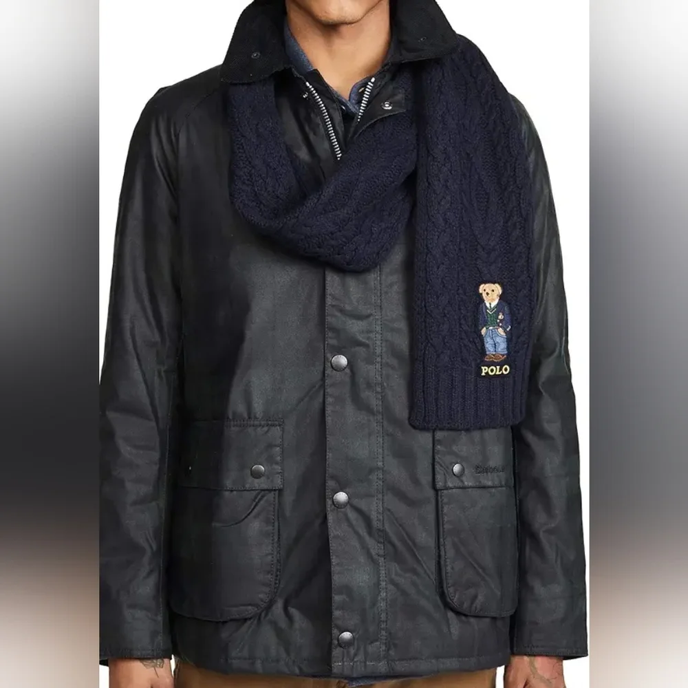 Polo Ralph Lauren Aran St. Andrew Bear Scarf Embroidered Navy Blue Cable Knit